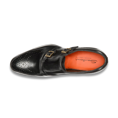 Men's black leather double monk straps brogue shoe - Santoni - 4