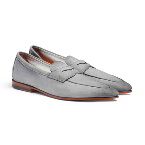 Men's light blue suede Carlo penny loafer - Santoni - 3