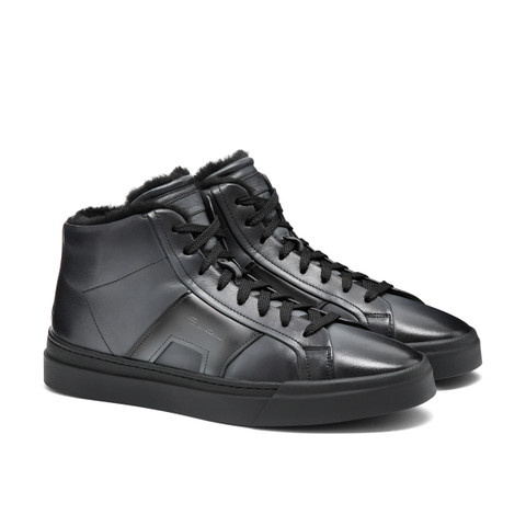 Men&rsquo;s grey leather Double Buckle Sneaker with fur - Santoni - 2
