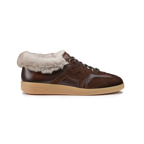 Women's dark brown suede sneaker with fur - Santoni - 1