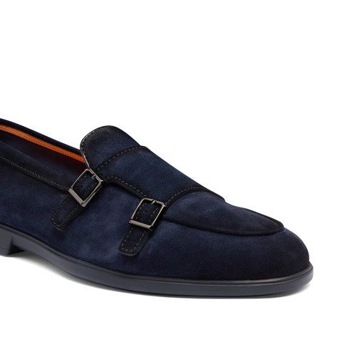 Men's blue suede double monk straps loafer - Santoni - 6