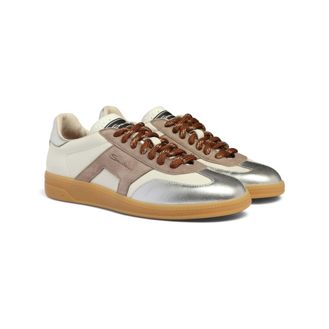 Women's white, beige and silver leather and suede DBS Oly sneaker - Santoni - 3