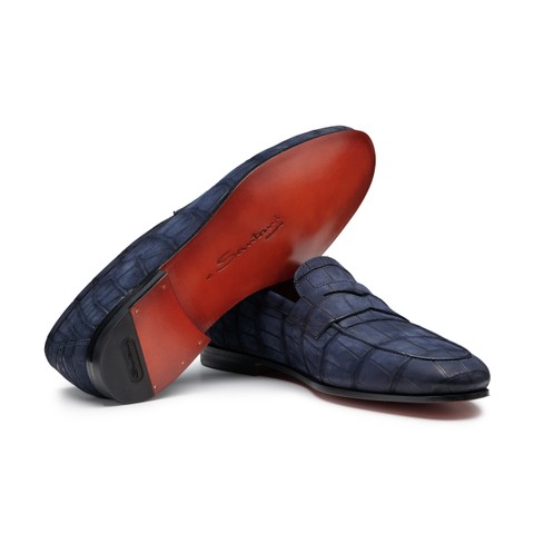 Mocassino penny da uomo in nabuk di alligatore blu - Santoni - 3