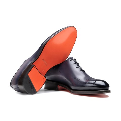 Stringata Oxford brogue da uomo in pelle blu - Santoni - 4