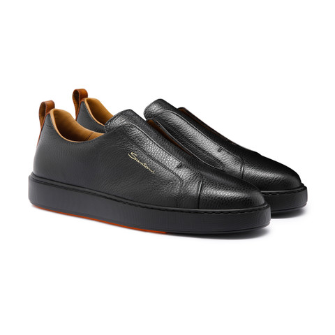 Men's black tumbled leather slip-on sneaker - Santoni - 3