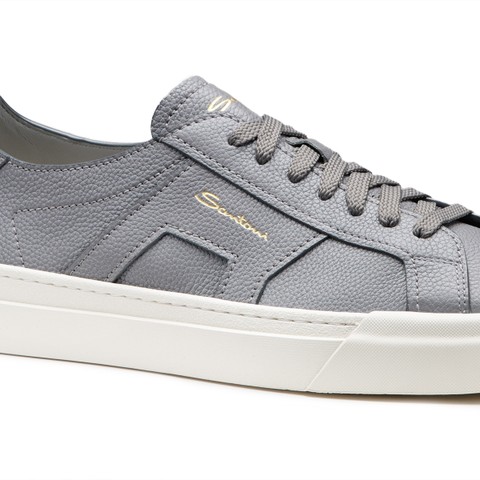 Men's grey tumbled leather Double Buckle Sneaker - Santoni - 6