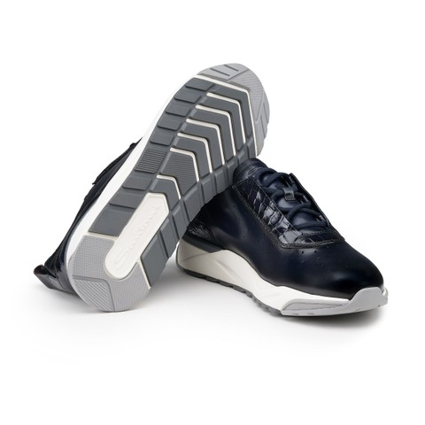 Men's blue leather and alligator sneaker - Santoni - 3