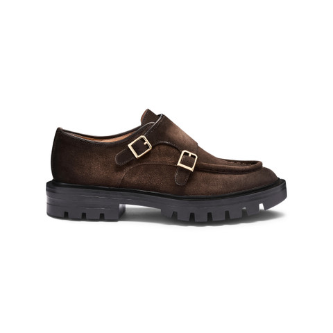 Women's dark brown suede double-buckle shoe - Santoni - 1