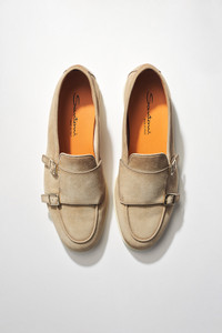 Men's beige suede double-buckle loafer - Santoni - editorial