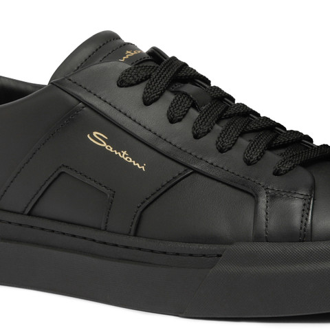 Men&rsquo;s black leather double buckle sneaker - Santoni - 6