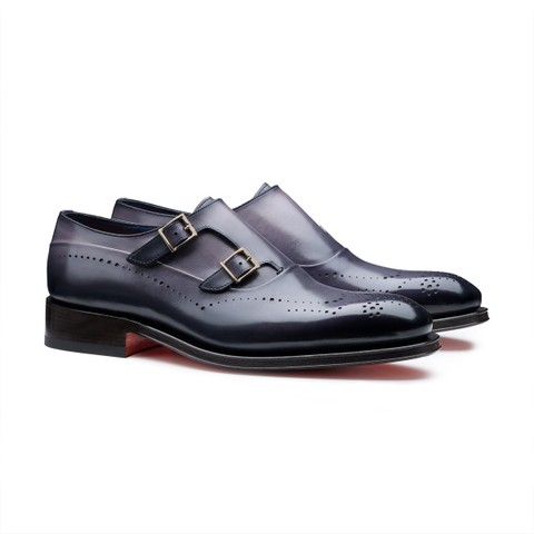 Men's blue leather double-buckle brogue shoe - Santoni - 3