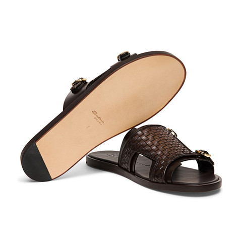 Sandale à double boucle en cuir marron avec tige tressée pour homme - Santoni - 3