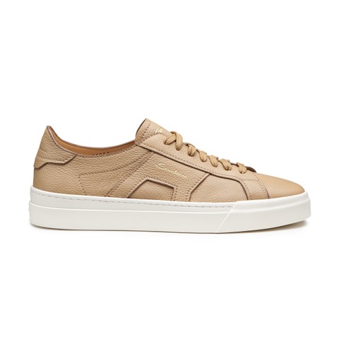 Men's beige tumbled leather Double Buckle Sneaker - Santoni - 1