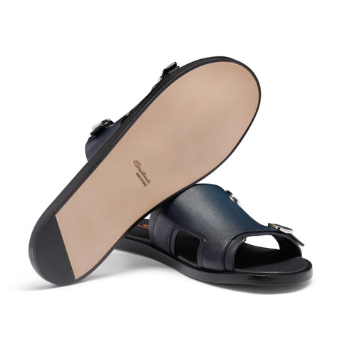 Men's blue leather double-buckle sandal - Santoni - 4