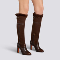 Women's dark brown leather and shearling high-heel boot - Santoni - 2
