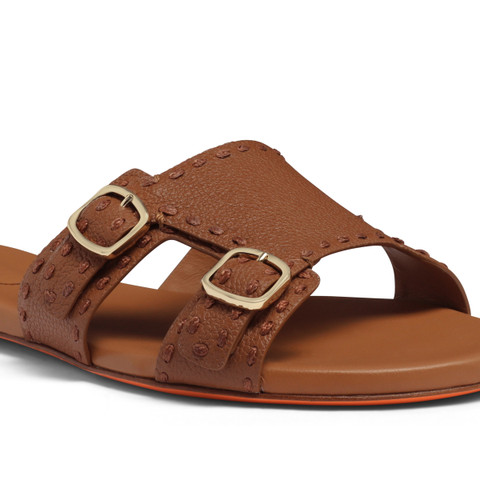 Women's brown tumbled leather double-buckle Didi slide sandal - Santoni - 6