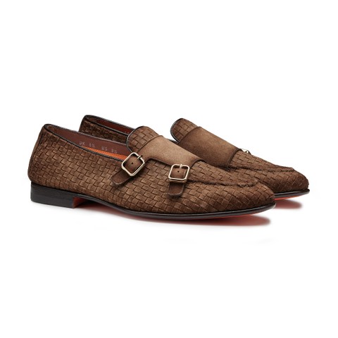Men's blue woven suede double-monk loafer - Santoni - 3