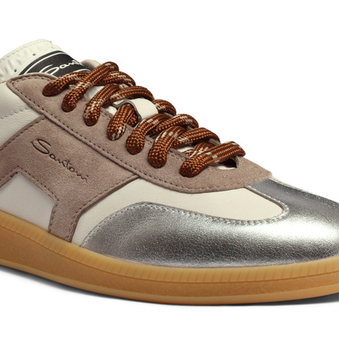 Women's white, beige and silver leather and suede DBS Oly sneaker - Santoni - 6