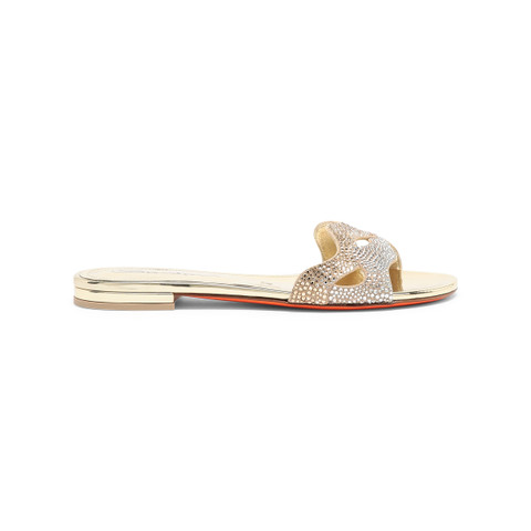 Women's gold laminated leather and crystals sandal - Santoni - 1