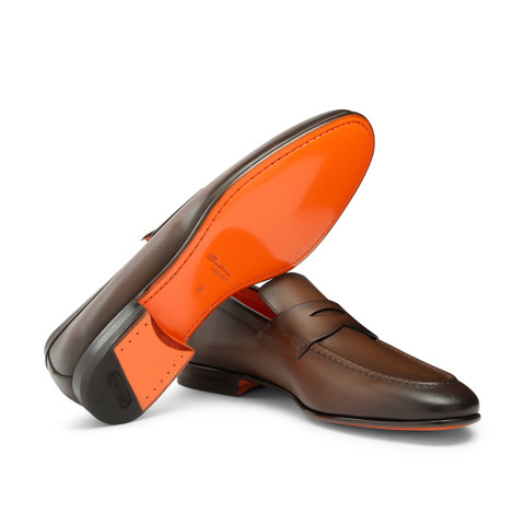 Braune Penny Loafer f&uuml;r Herren aus Leder in Antik-Optik - Santoni - 4