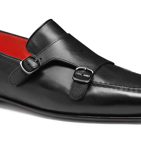 Men's polished black leather double-buckle loafer - Santoni - 6