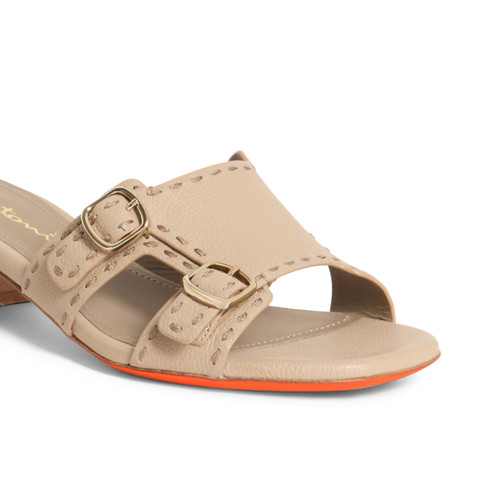 Women's beige tumbled leather double-buckle sandal - Santoni - 5