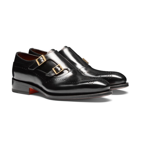Men's black leather double monk straps brogue shoe - Santoni - 2