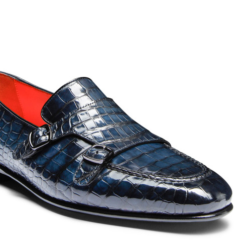 Men's blue alligator leather double monk straps loafer - Santoni - 5