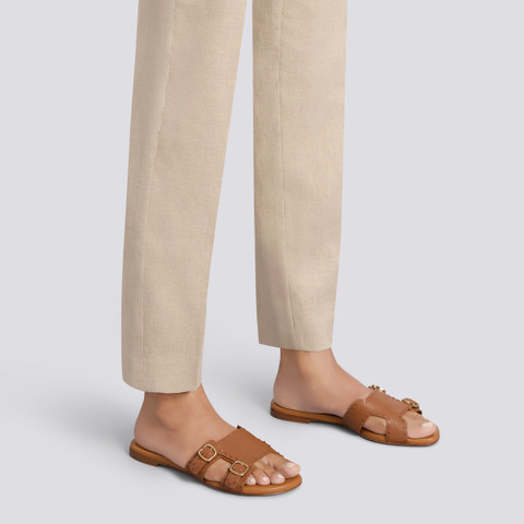 Braune Slider-Sandalen Didi für Damen aus getrommeltem Leder mit Doppelschnalle - Santoni - 2