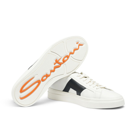 Men’s white and black leather double buckle sneaker - Santoni - 4