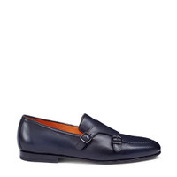 Men's polished blue leather double-buckle loafer - Santoni - 1