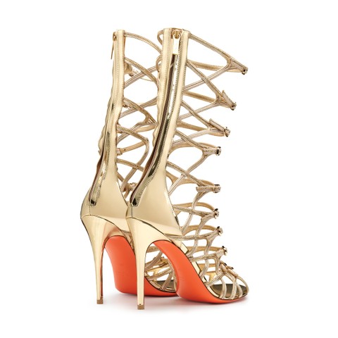 Women's gold leather and strass high-heel Crest Collection sandal - Santoni - 3