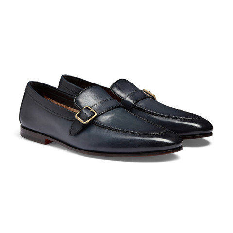 Men's blue leather single-buckle loafer - Santoni - 3