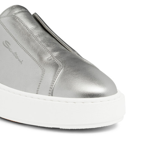 Women's silver laminated leather slip-on sneaker - Santoni - 6