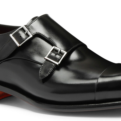 Men's polished black leather double monk straps shoe - Santoni - 6
