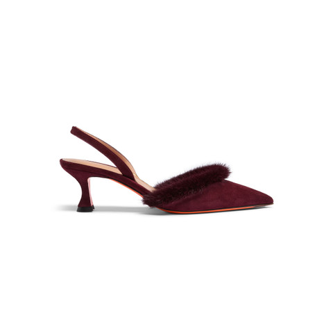Women's burgundy suede and mink mid-heel slingback - Santoni - 1