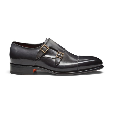 Men's grey leather double-buckle shoe - Santoni - 1