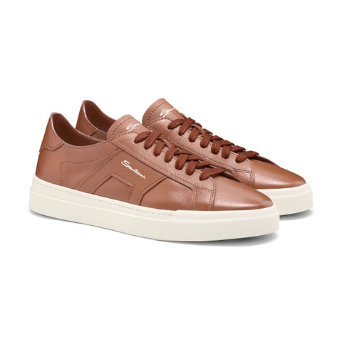 Men's light brown tumbled leather Double Buckle Sneaker - Santoni - 3