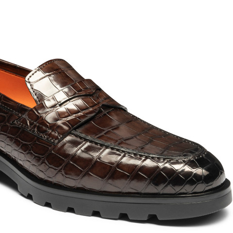 Men's dark brown alligator leather penny loafer - Santoni - 5