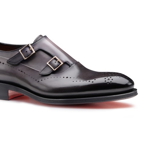 Men's grey leather double-buckle brogue shoe - Santoni - 5