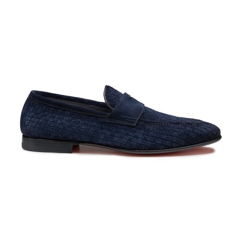 Men's blue woven suede Carlo penny loafer - Santoni - 1