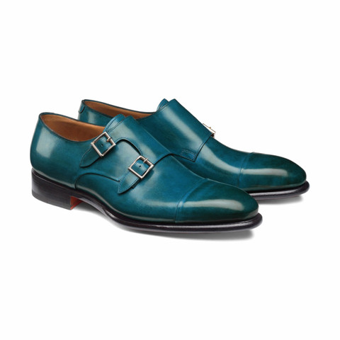 Men's dark blue-green leather double-buckle shoe - Santoni - 5.0