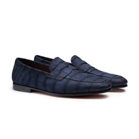 Men's blue alligator nubuck penny loafer - Santoni - 2