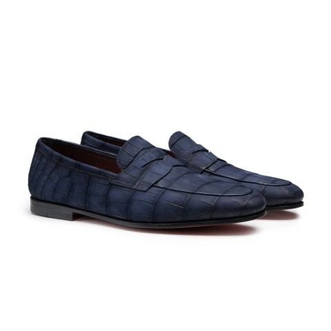 Mocassino penny da uomo in nabuk di alligatore blu - Santoni - 2