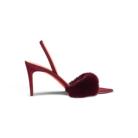 Women's burgundy suede and mink high-heel sandal - Santoni - 1