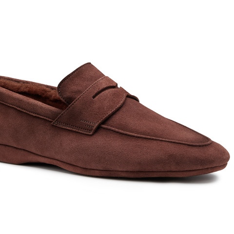 Men&rsquo;s dark brown suede slipper with fur - Santoni - 5