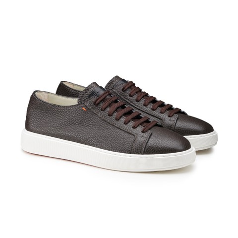 Men's dark brown tumbled leather sneaker - Santoni - 2