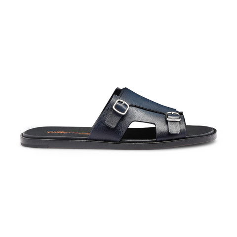 Men's blue leather double-buckle sandal - Santoni - 1