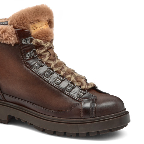 Men's dark brown leather hiking boot with fur - Santoni - 6