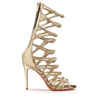 Women's gold leather and strass high-heel Crest Collection sandal - Santoni - 1